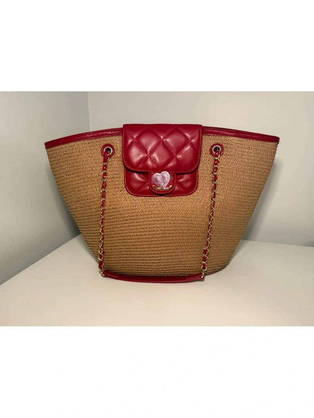 Raffia Tote with Red Trim and Chain Handles